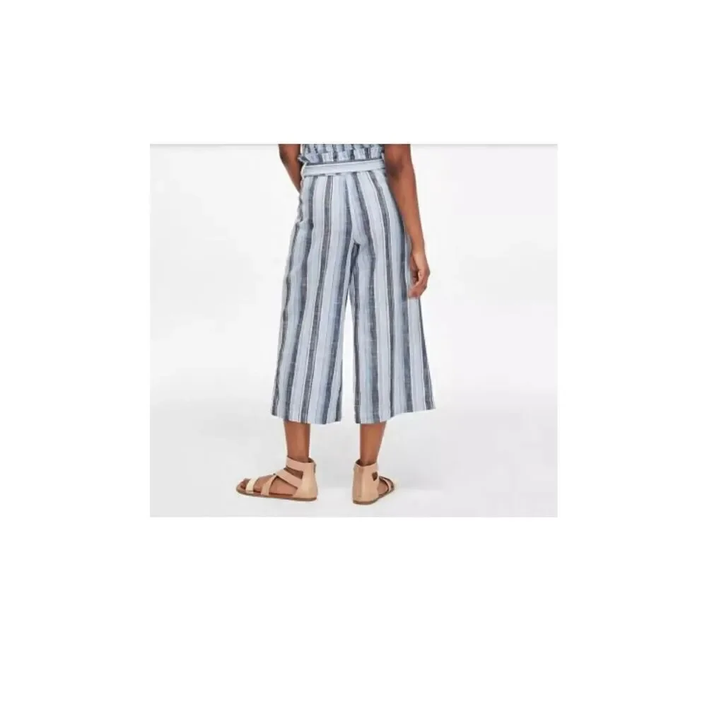 Justice Girl's Wide Leg Linen Belted Pants Blue White Gray Stripes Sz 8